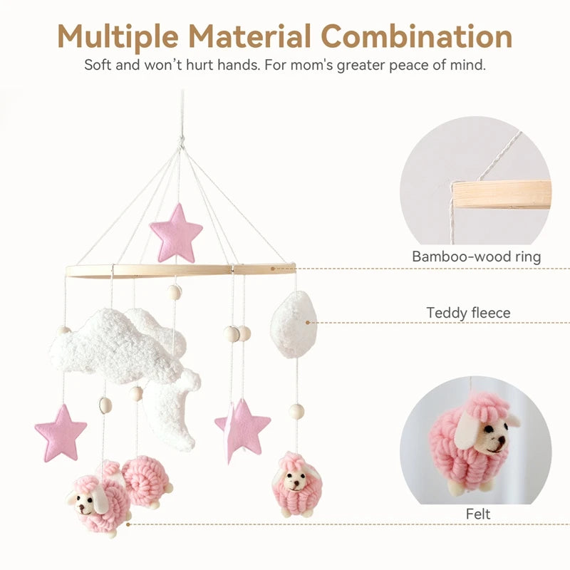 Sheep Wooden Crib Mobile – Neutral Plush Baby Rattle & Hanging Nursery Toy - Weemsie