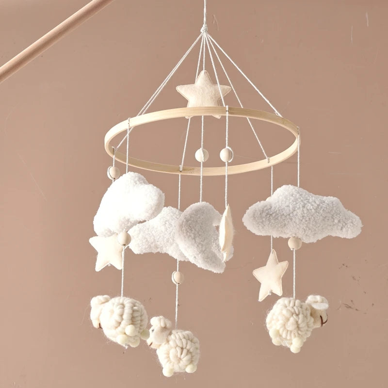 Sheep Wooden Crib Mobile – Neutral Plush Baby Rattle & Hanging Nursery Toy - Weemsie