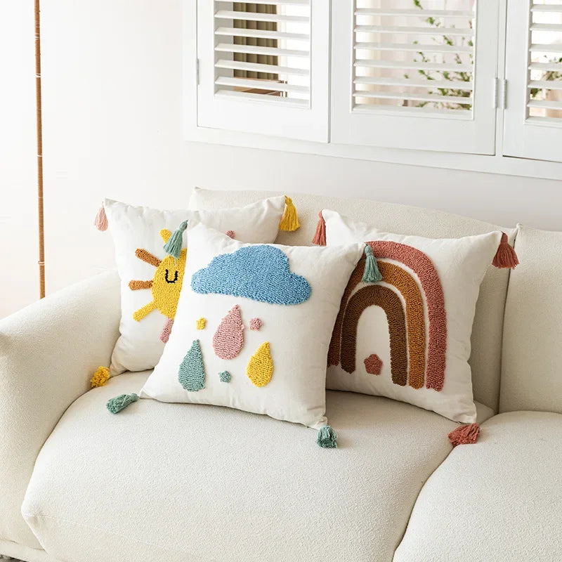 Boho Tufted Sky Cushion Covers – Embroidered Cloud, Sun, Moon and Rainbow