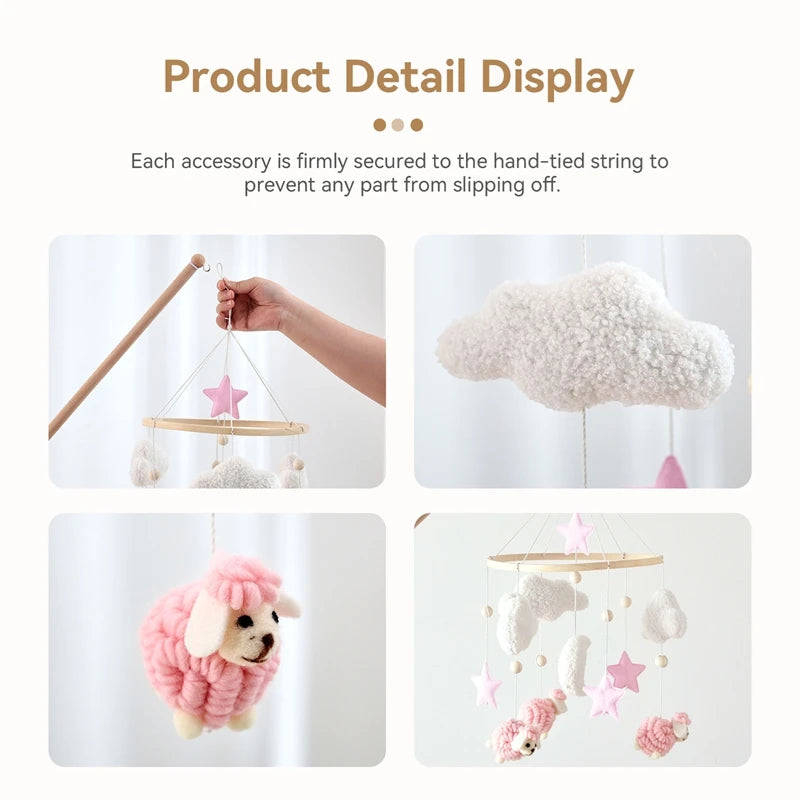 Sheep Wooden Crib Mobile – Neutral Plush Baby Rattle & Hanging Nursery Toy - Weemsie