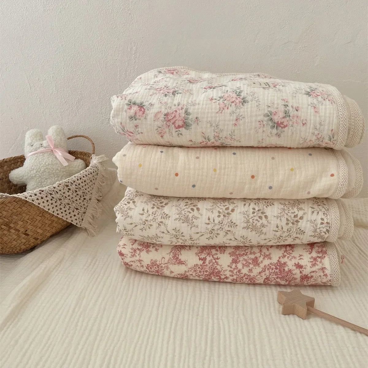 Floral Cotton Baby Blanket – Double-Layer Lace Newborn Stroller & Nap Blanket - Weemsie