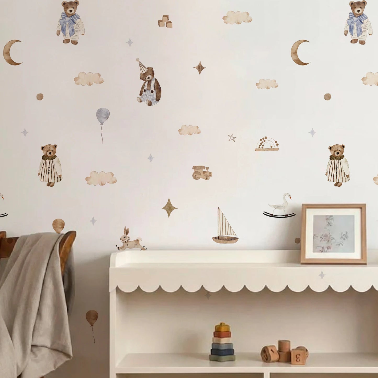 Weemsie Teddy Sailboat Wall Stickers – Boho Neutral Vinyl Nursery Wall Decals for Baby Kids Room Decor
