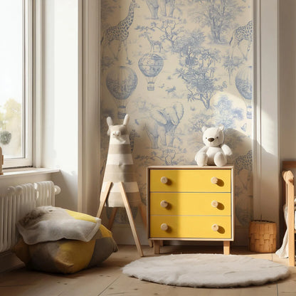 Weemsie Heirloom Blue Vintage Style Wallpaper – Safari Animal Nursery Wall Mural