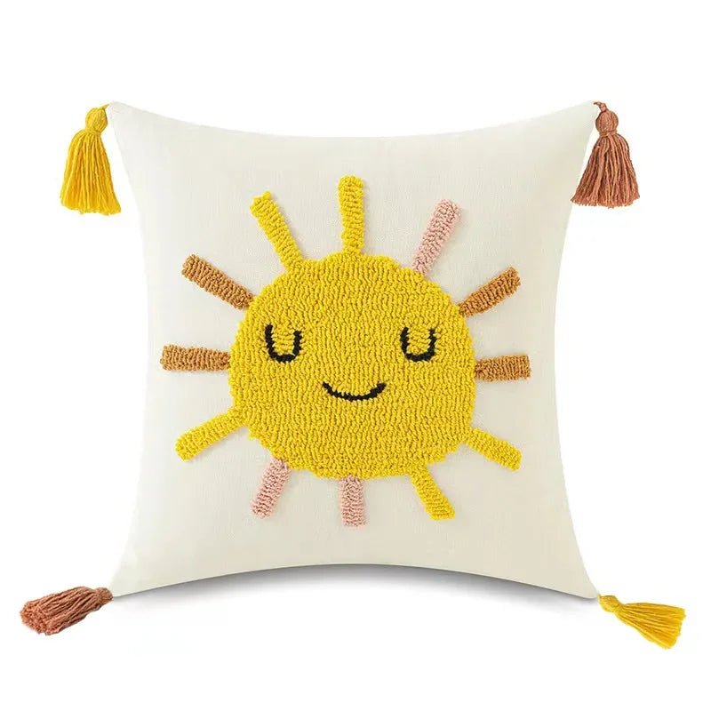 Boho Tufted Sky Cushion Covers – Embroidered Cloud, Sun, Moon and Rainbow