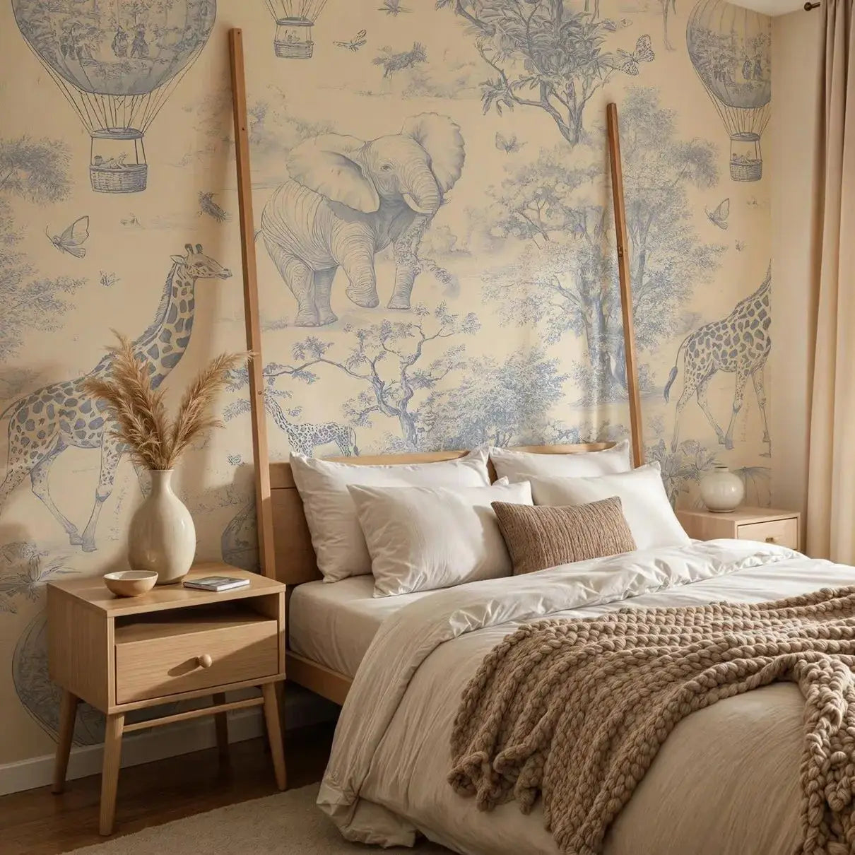 Weemsie Heirloom Blue Vintage Style Wallpaper – Safari Animal Nursery Wall Mural