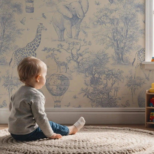 Weemsie Heirloom Blue Vintage Style Wallpaper – Safari Animal Nursery Wall Mural