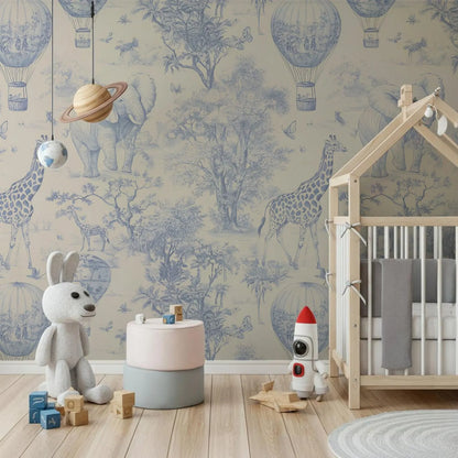 Weemsie Heirloom Blue Vintage Style Wallpaper – Safari Animal Nursery Wall Mural