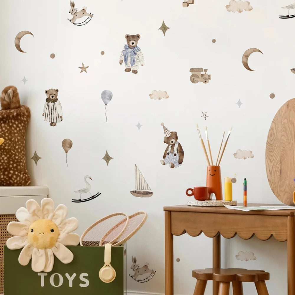 Weemsie Teddy Sailboat Wall Stickers – Boho Neutral Vinyl Nursery Wall Decals for Baby Kids Room Decor