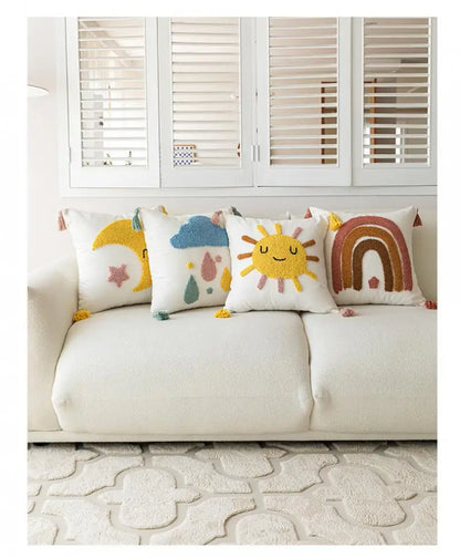 Boho Tufted Sky Cushion Covers – Embroidered Cloud, Sun, Moon and Rainbow