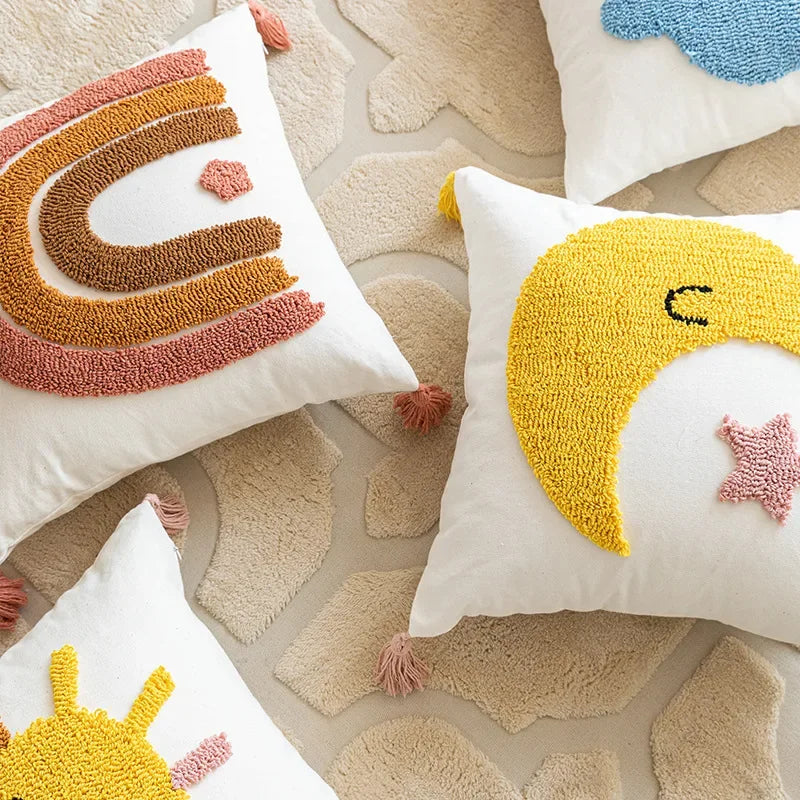 Boho Tufted Sky Cushion Covers – Embroidered Cloud, Sun, Moon and Rainbow