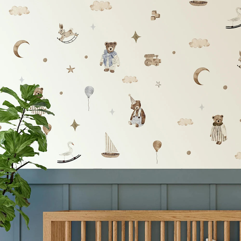 Weemsie Teddy Sailboat Wall Stickers – Boho Neutral Vinyl Nursery Wall Decals for Baby Kids Room Decor