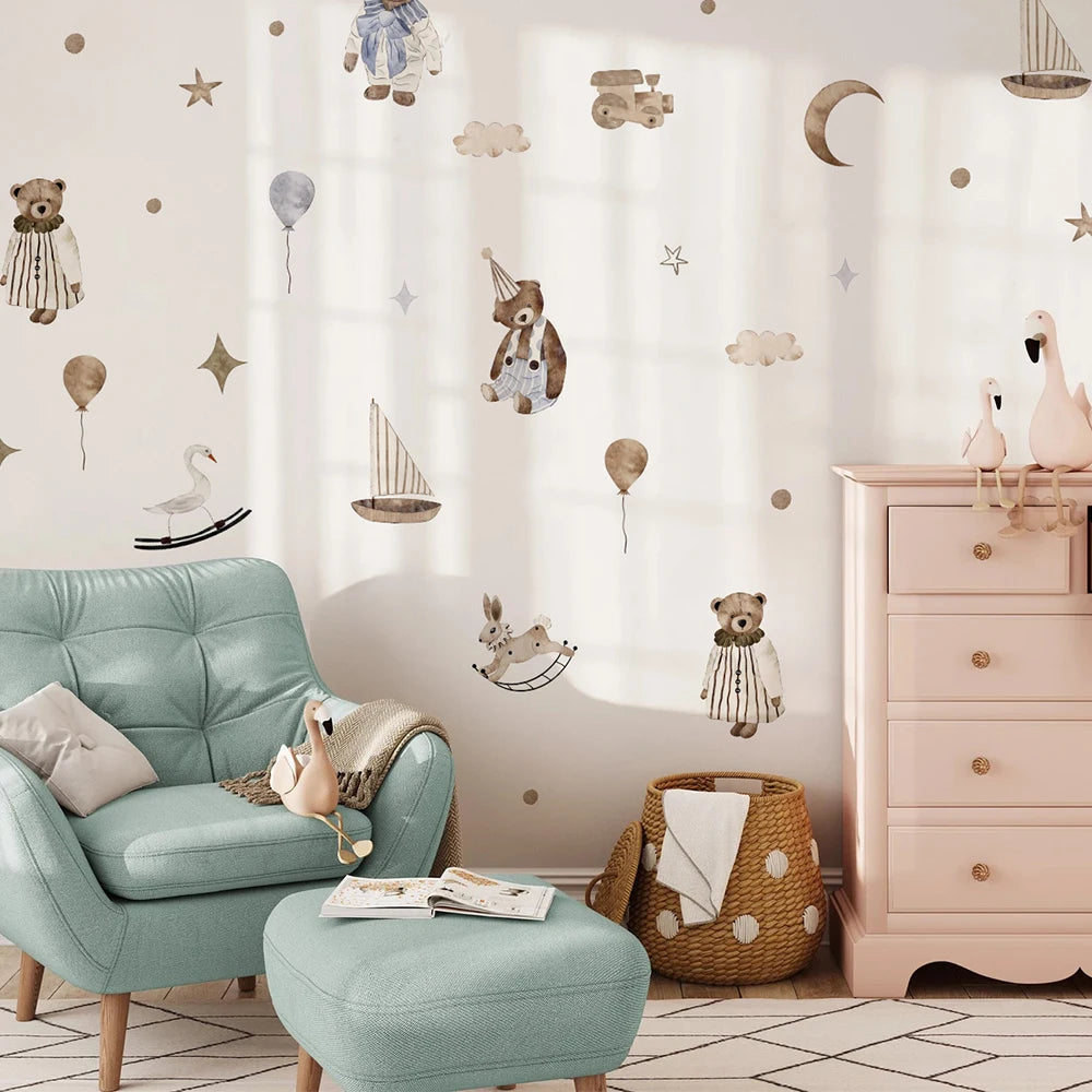 Weemsie Teddy Sailboat Wall Stickers – Boho Neutral Vinyl Nursery Wall Decals for Baby Kids Room Decor
