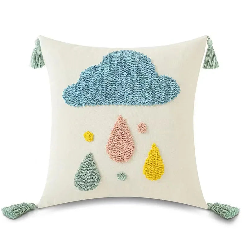 Boho Tufted Sky Cushion Covers – Embroidered Cloud, Sun, Moon and Rainbow