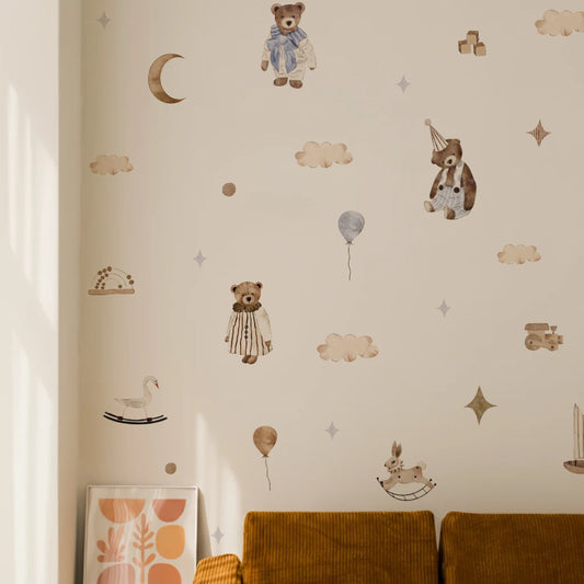Weemsie Teddy Sailboat Wall Stickers – Boho Neutral Vinyl Nursery Wall Decals for Baby Kids Room Decor