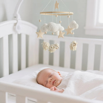 Sheep Wooden Crib Mobile – Neutral Plush Baby Rattle & Hanging Nursery Toy - Weemsie