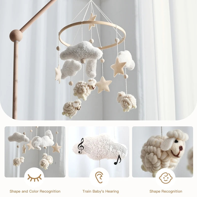 Sheep Wooden Crib Mobile – Neutral Plush Baby Rattle & Hanging Nursery Toy - Weemsie