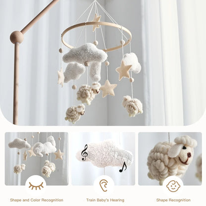 Sheep Wooden Crib Mobile – Neutral Plush Baby Rattle & Hanging Nursery Toy - Weemsie