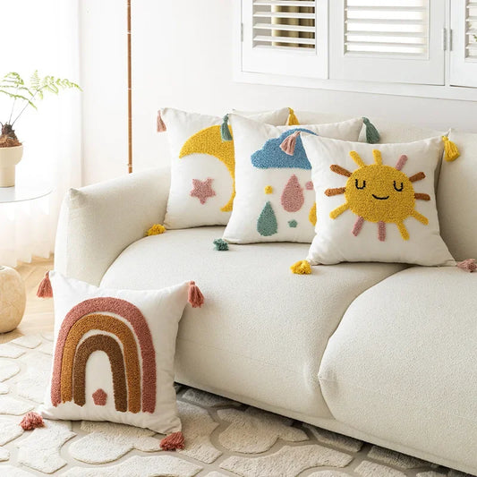 Boho Tufted Sky Cushion Covers – Embroidered Cloud, Sun, Moon and Rainbow