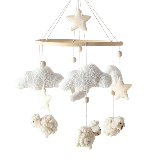 Sheep Wooden Crib Mobile – Neutral Plush Baby Rattle & Hanging Nursery Toy - Weemsie